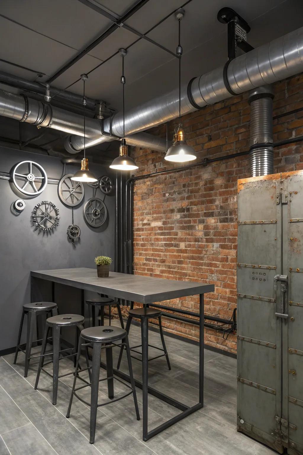 An industrial space featuring a grey accent wall.