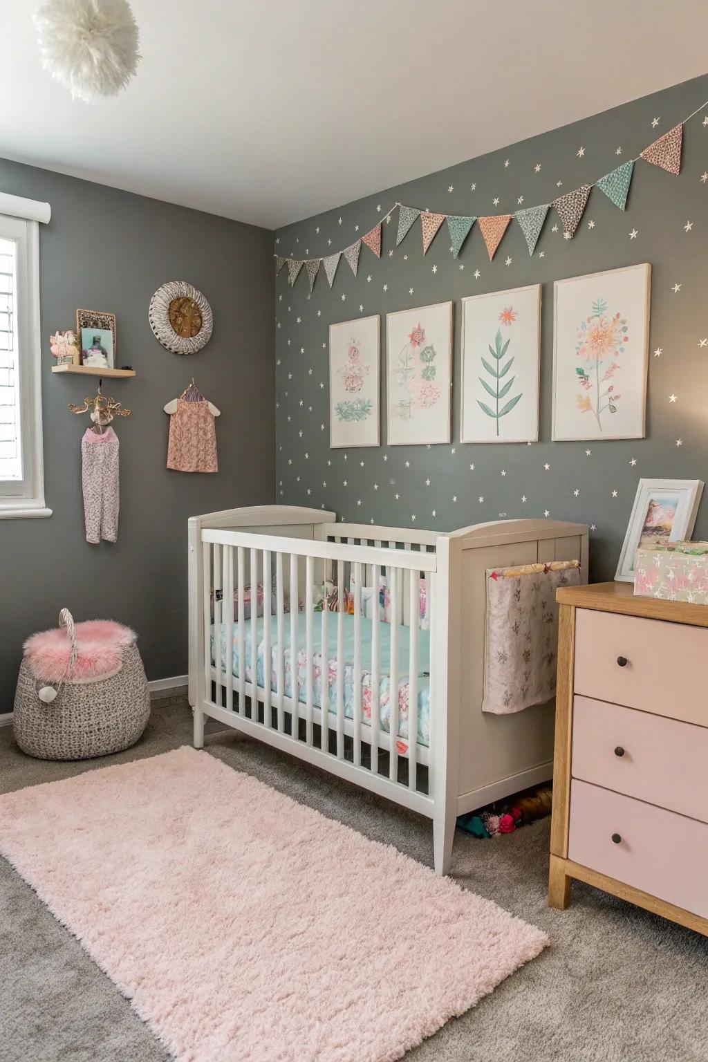 A nursery featuring a grey accent wall and pastel decorations.