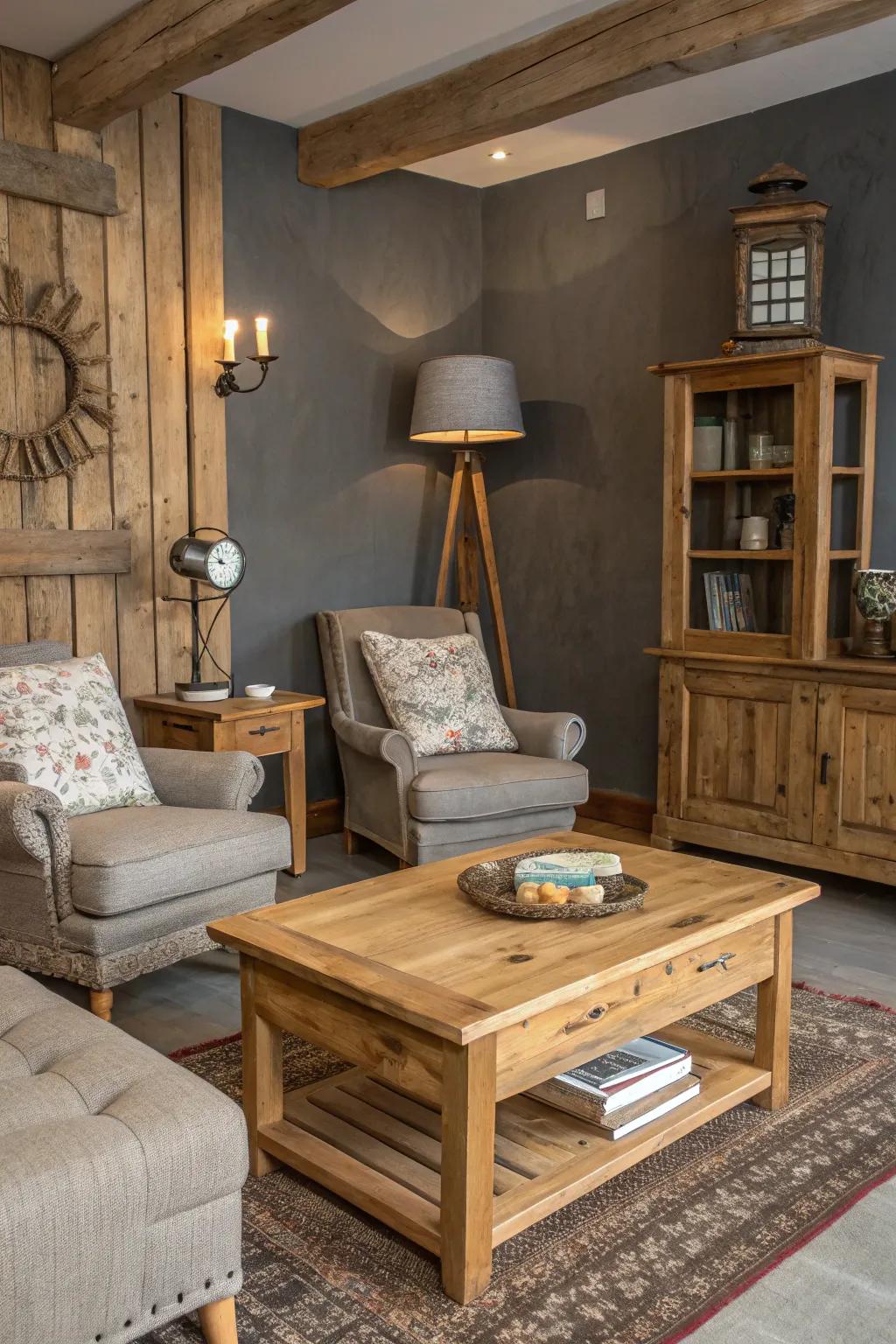 A rustic room featuring a grey accent wall and timber furniture.