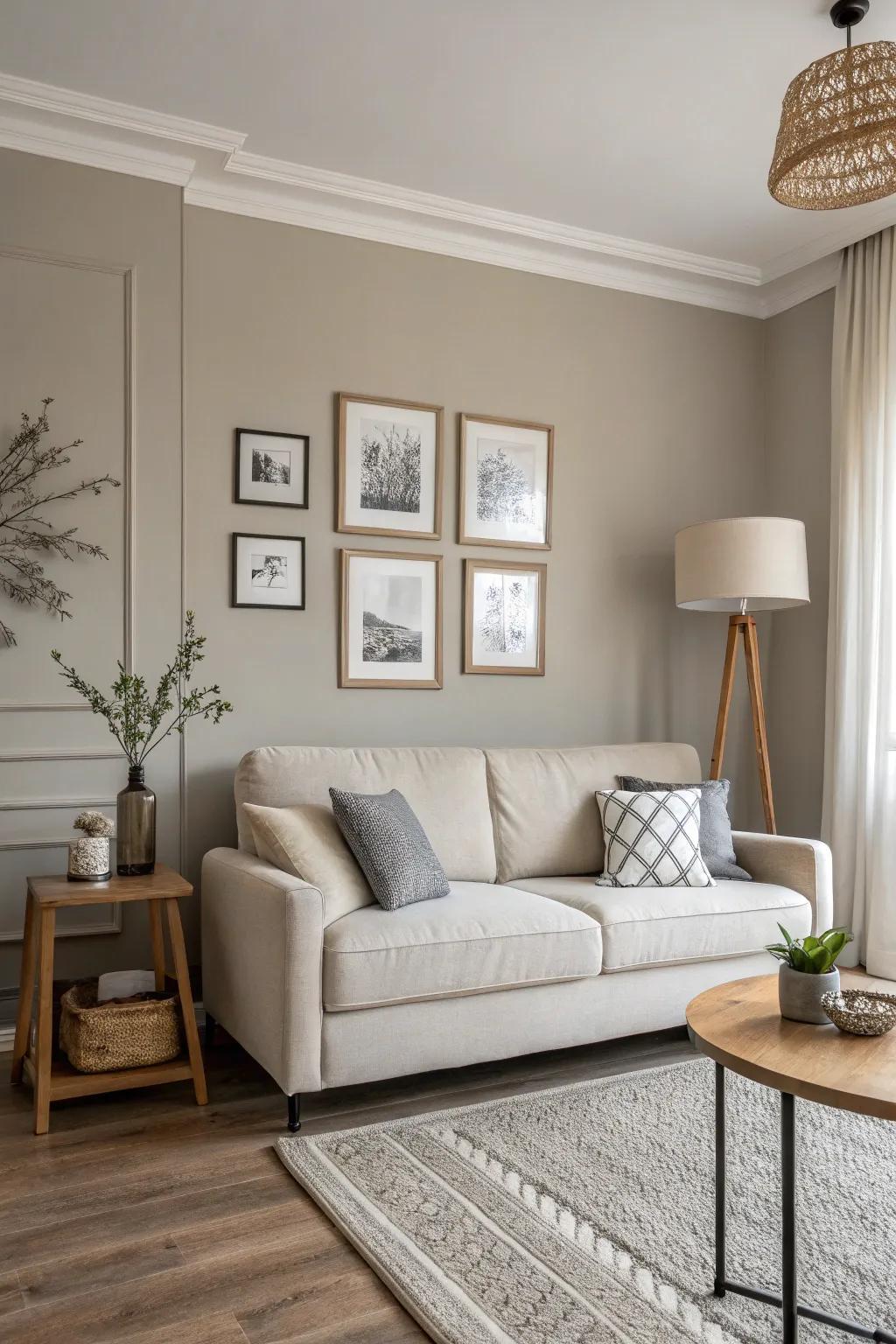 An inviting living room showcased a gentle grey accent wall.