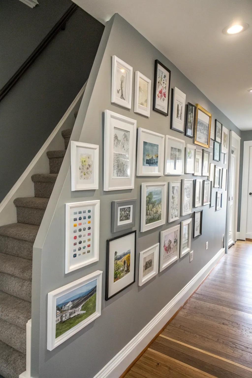 A display wall on a grey accent wall.