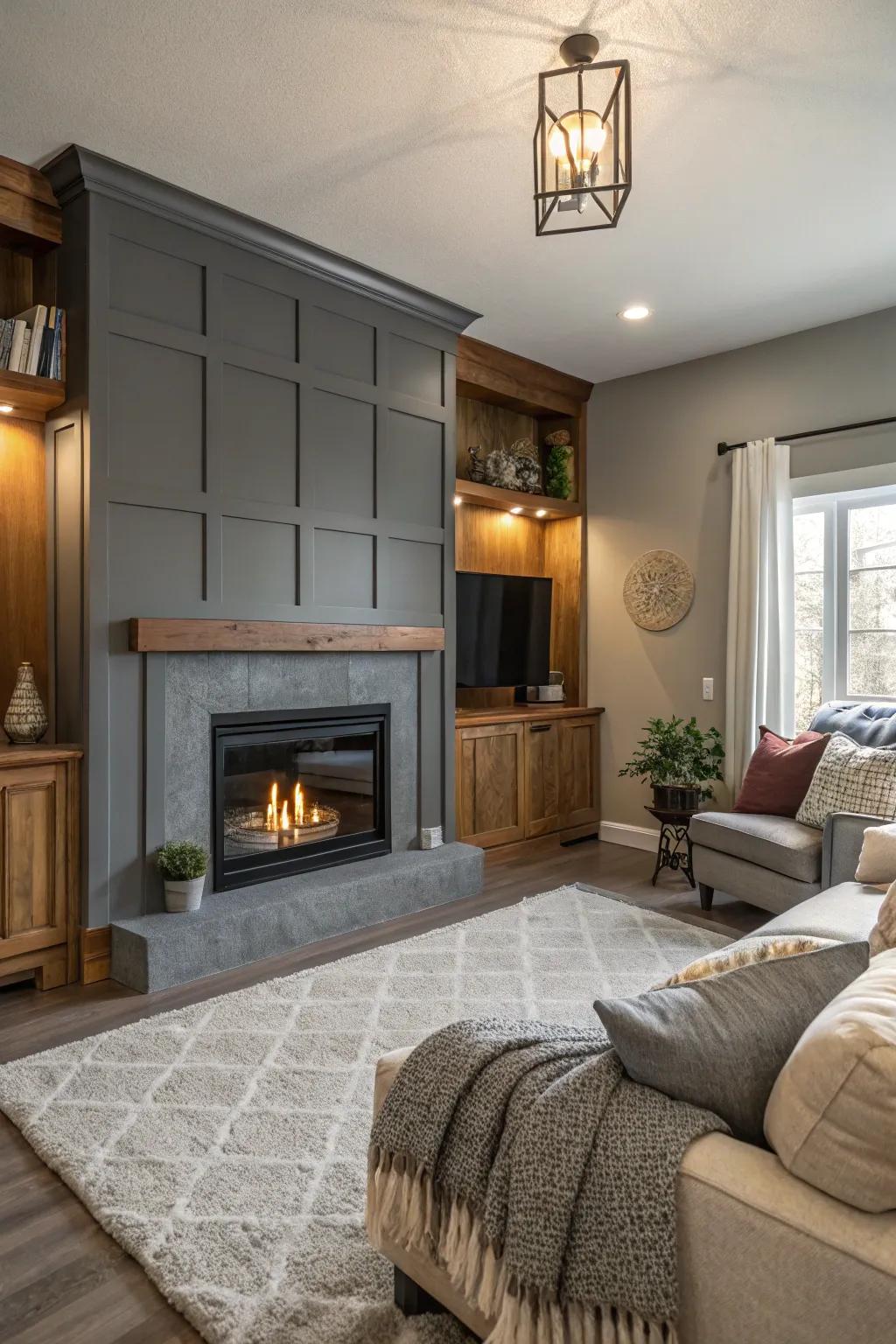 A snug fireplace enclosed by a grey accent wall.
