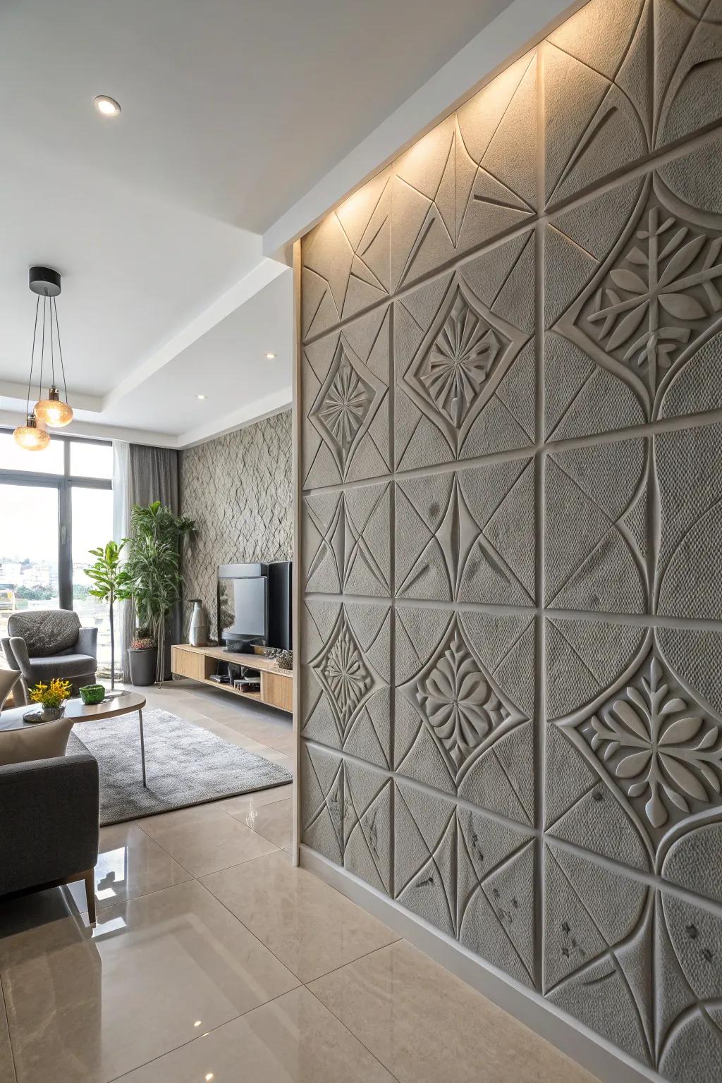 A textured grey accent wall showcasing geometric patterns.