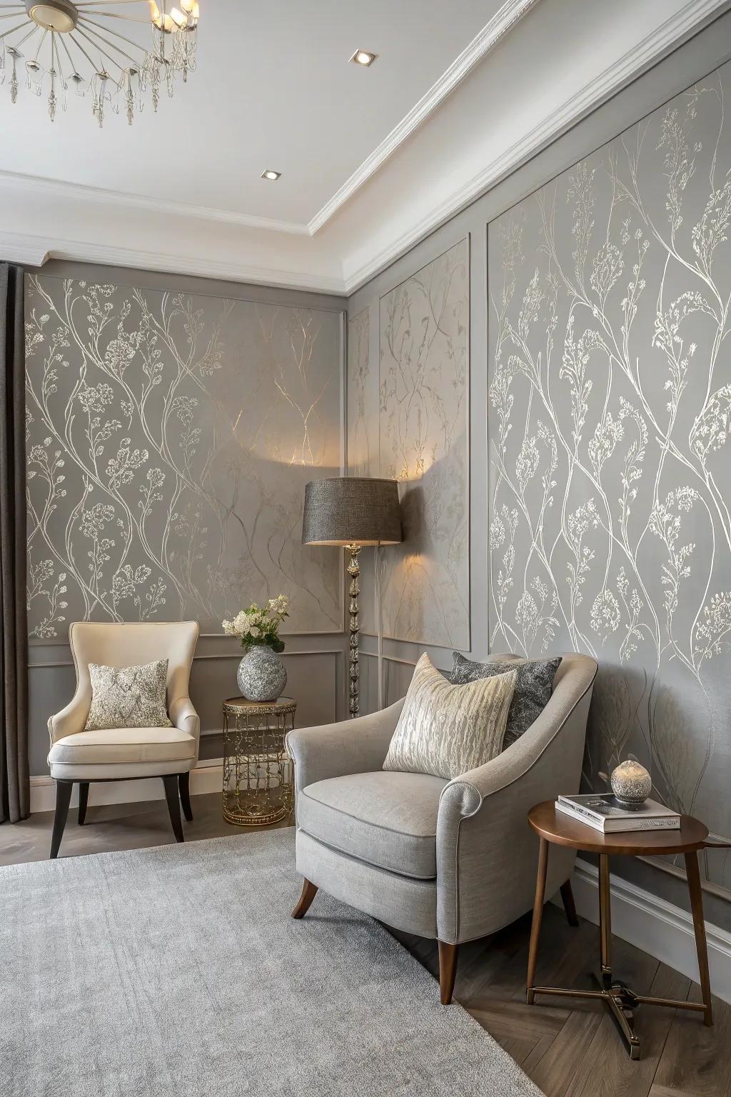 A grey wall covering accent wall showcasing subtle patterns.