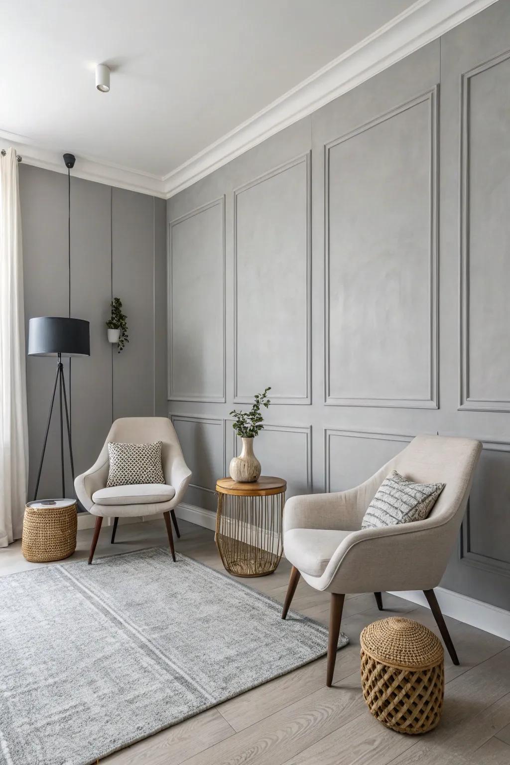 A minimalist room featuring a pristine grey accent wall.