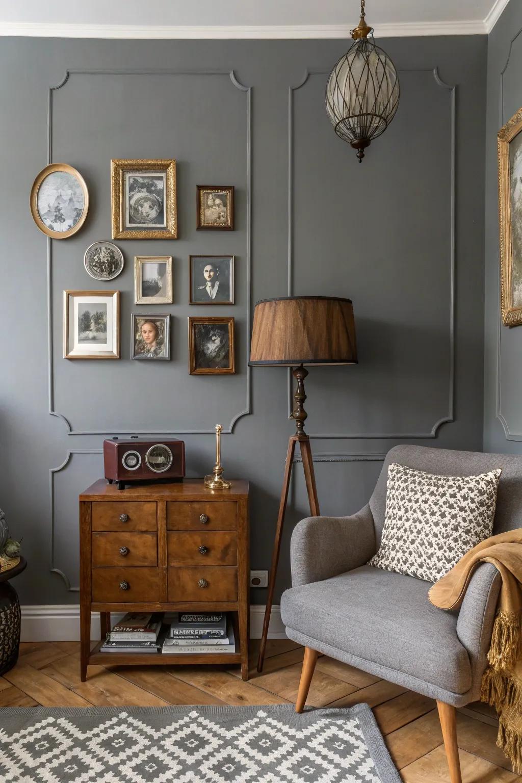 A vintage-inspired room featuring a grey accent wall.