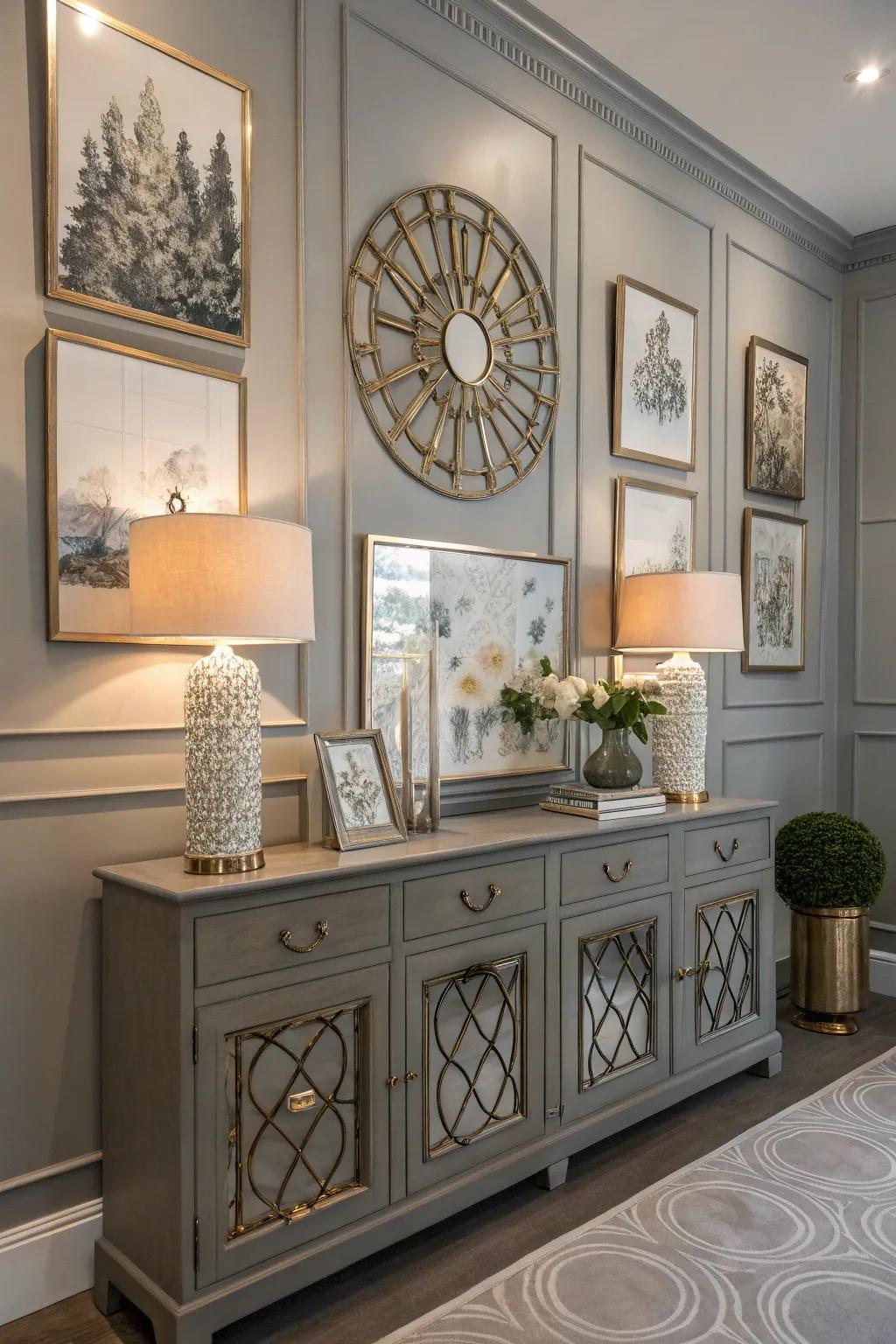 A grey accent wall showcasing art and reflectors.