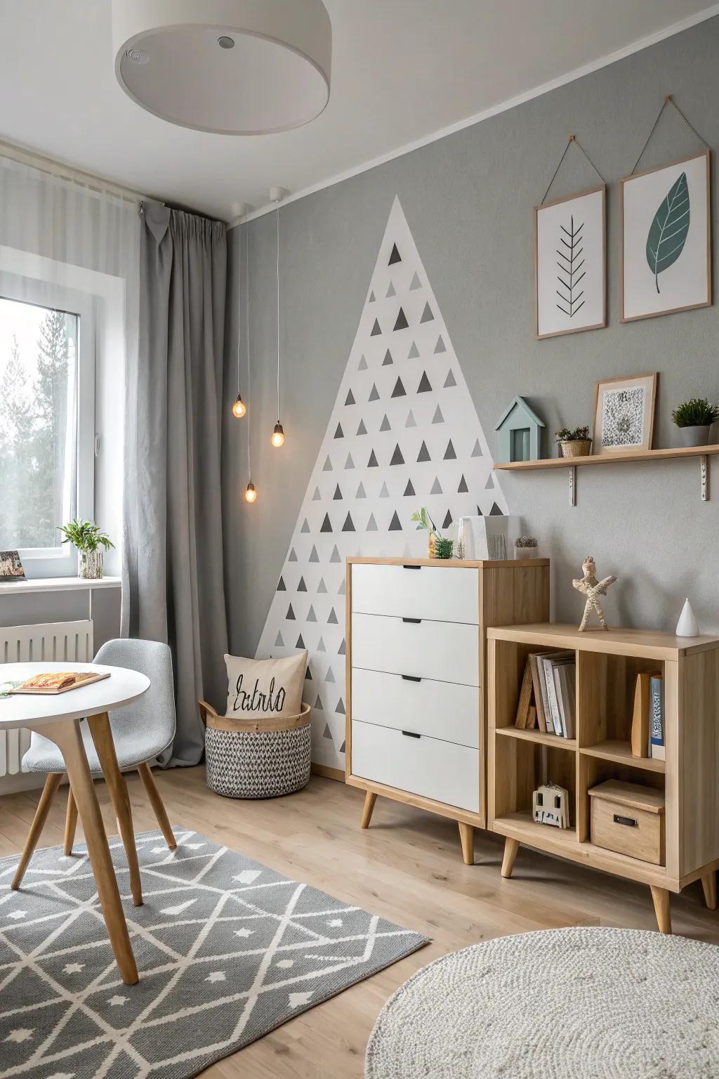 A Scandinavian room featuring a grey accent wall.