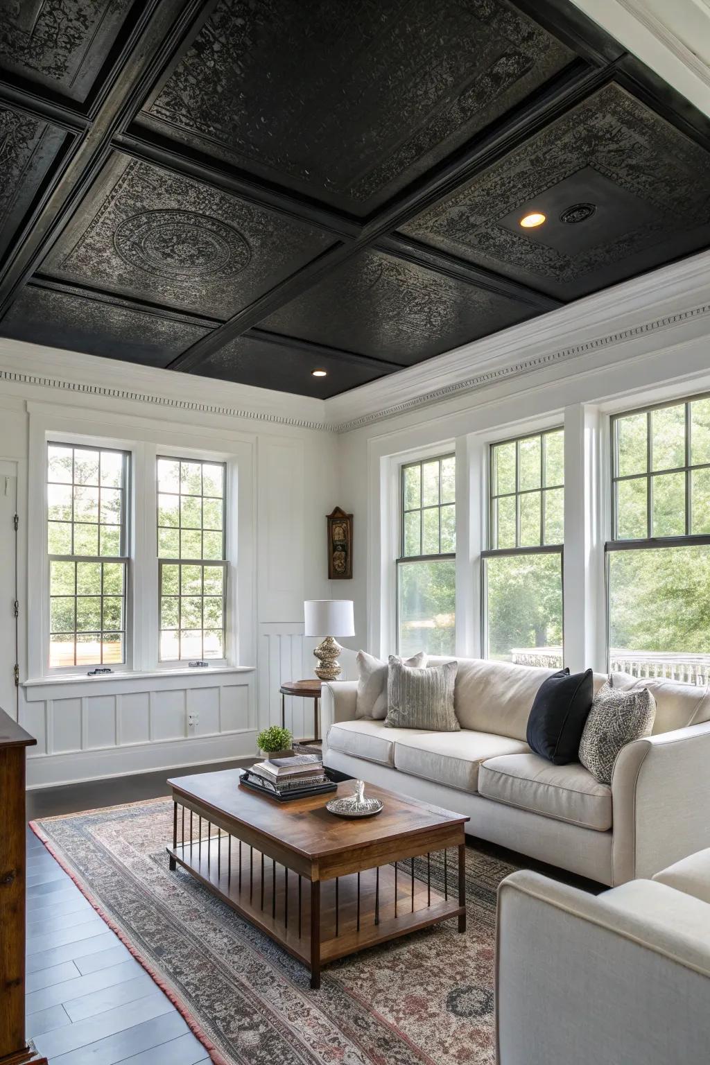A bold onyx ceiling creating a striking feature in a living area with ivory walls.