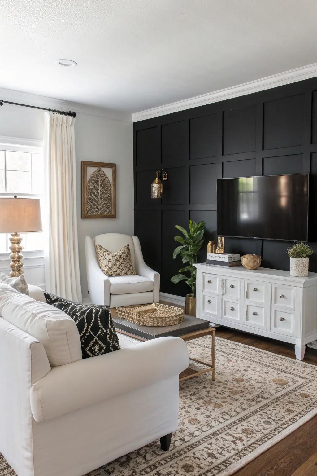 A living area showcasing a stunning charcoal accent wall complemented by ivory furnishings for contrast.