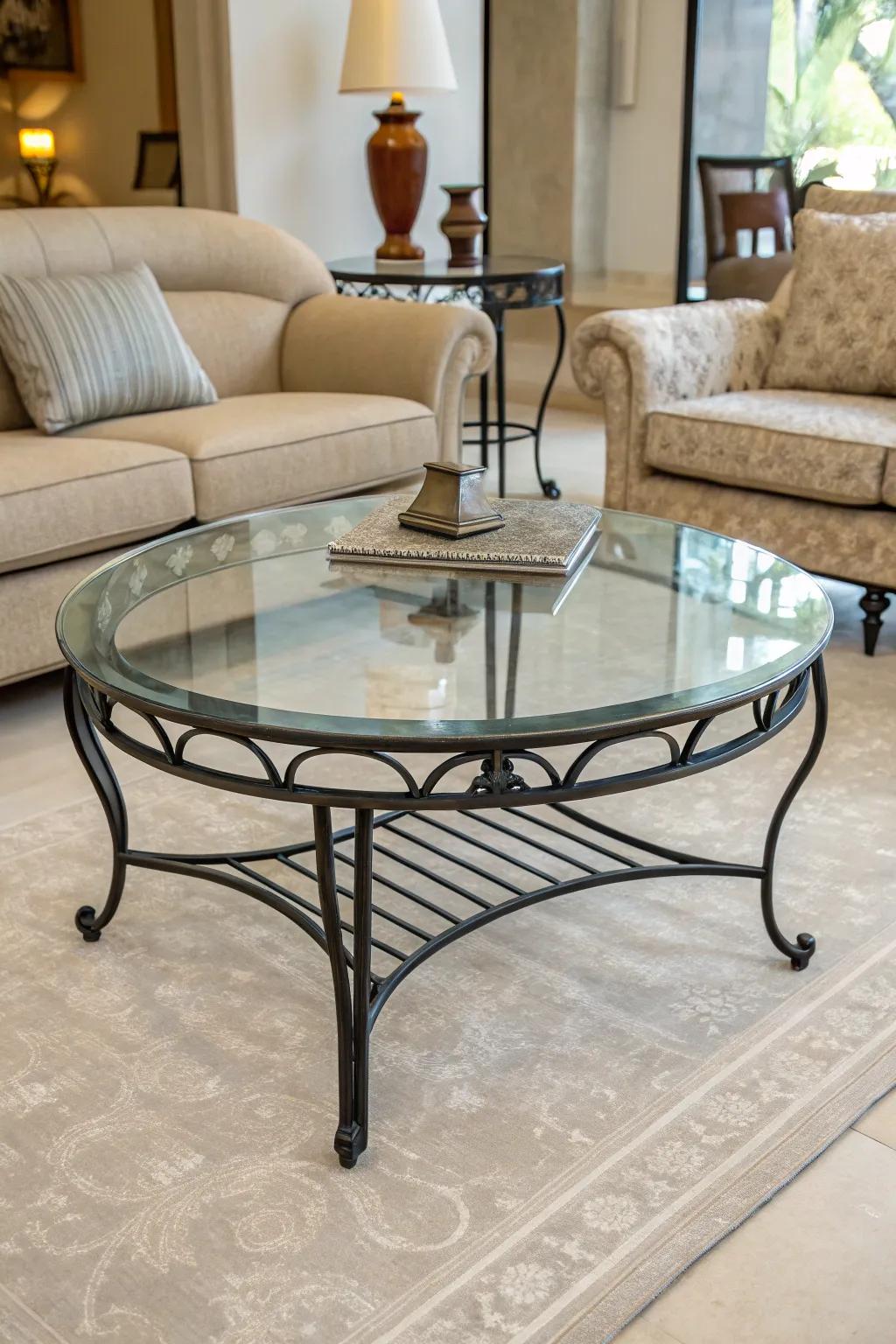 A living area showcasing a glass center table with onyx metal legs for a modern touch.