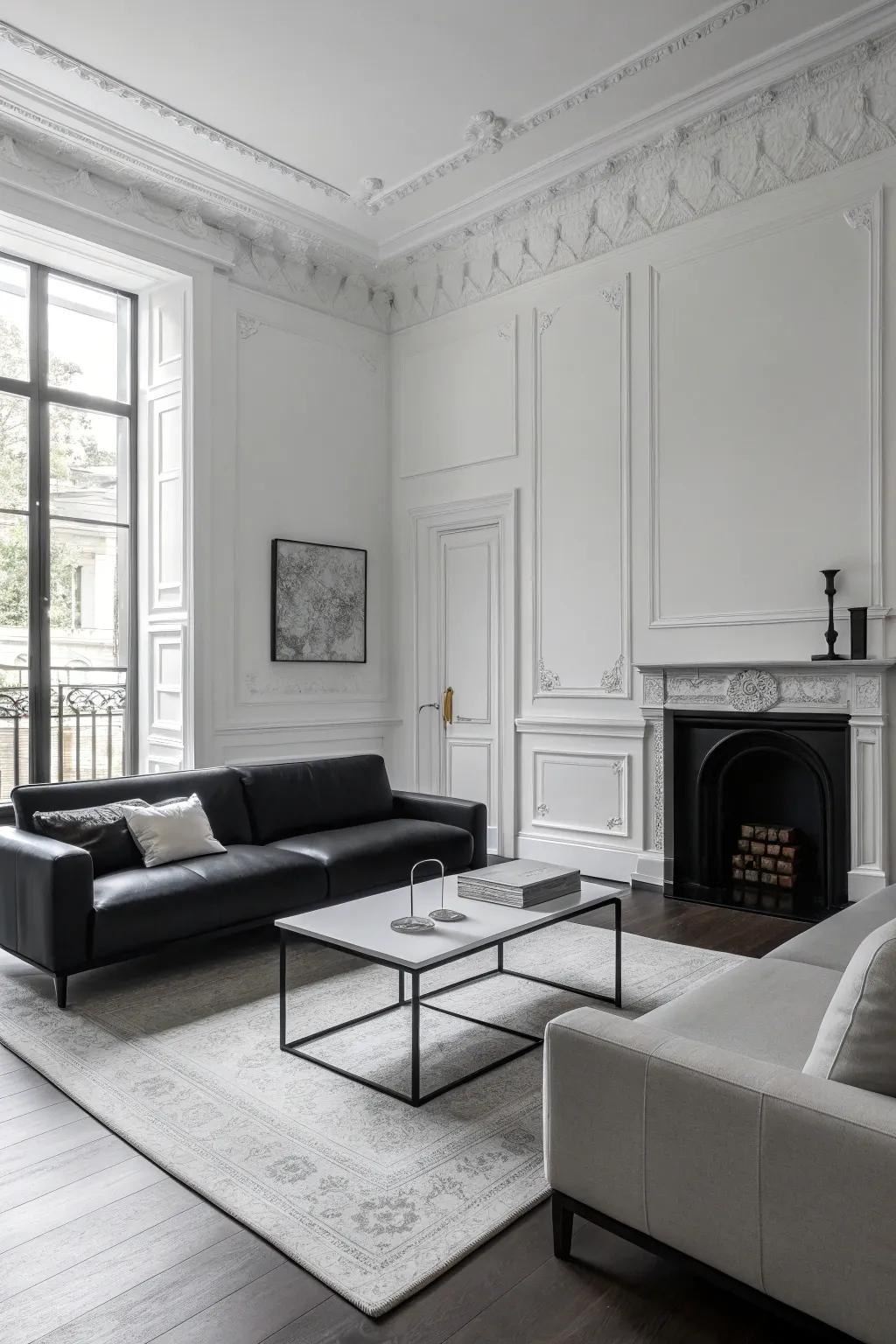 A minimalist black and white living area featuring carefully selected, high-quality pieces.