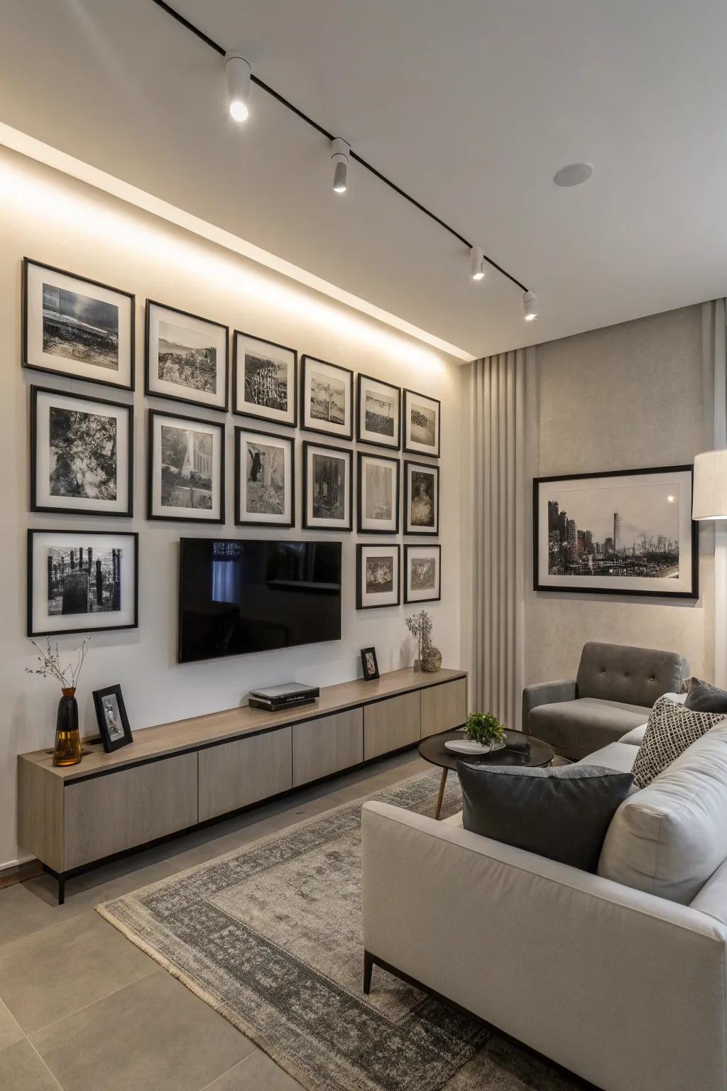 A gallery wall showcasing onyx and ivory photography, introducing a personal aspect to the decor.