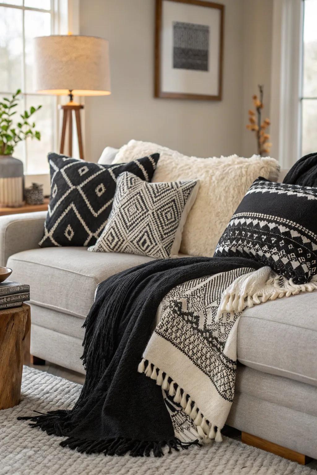 Textured onyx and ivory cushions and throws that bring warmth to the living area.