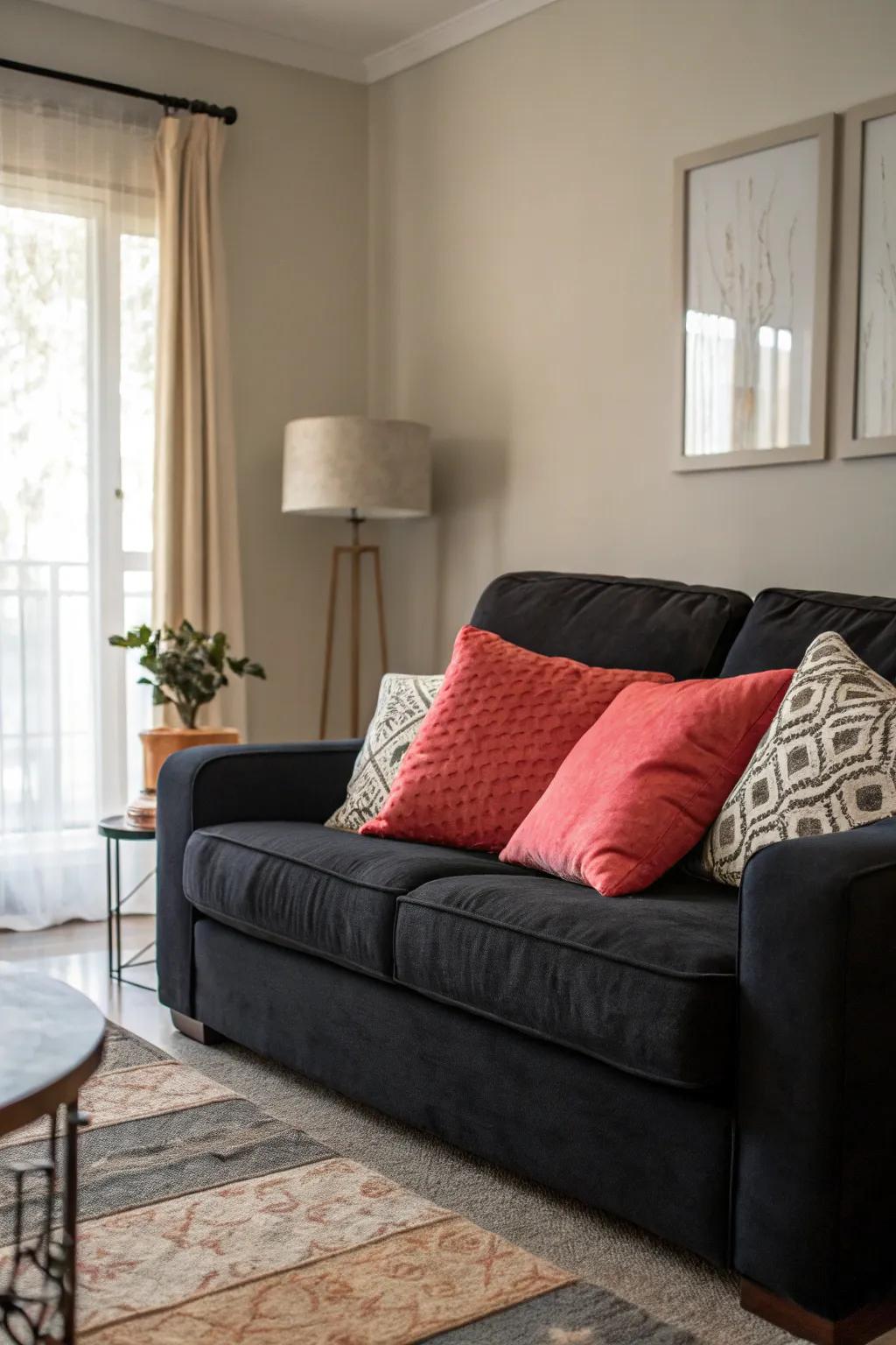 An unexpected burst of color with a vibrant cushion in a monochrome living area.
