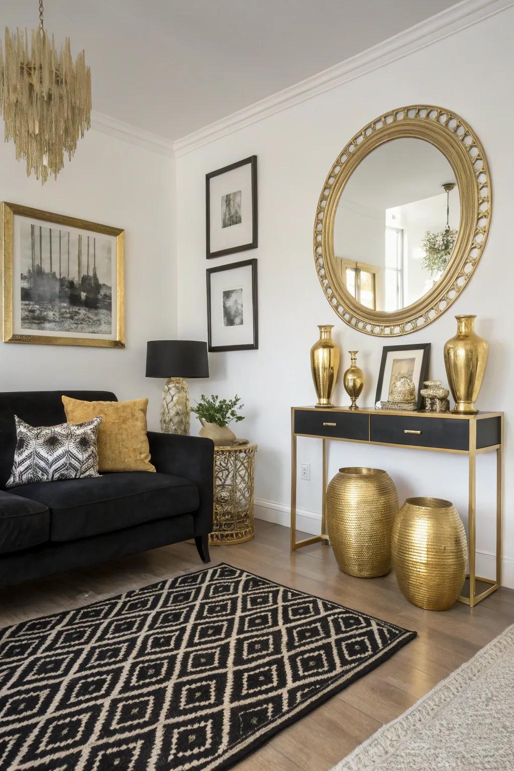 Gold metallic accents bringing luxury to a monochrome living area.