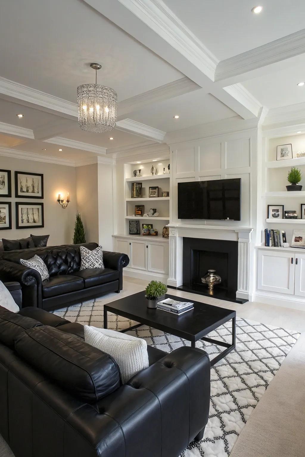 An open-plan living area demonstrating the spaciousness of a monochrome palette.