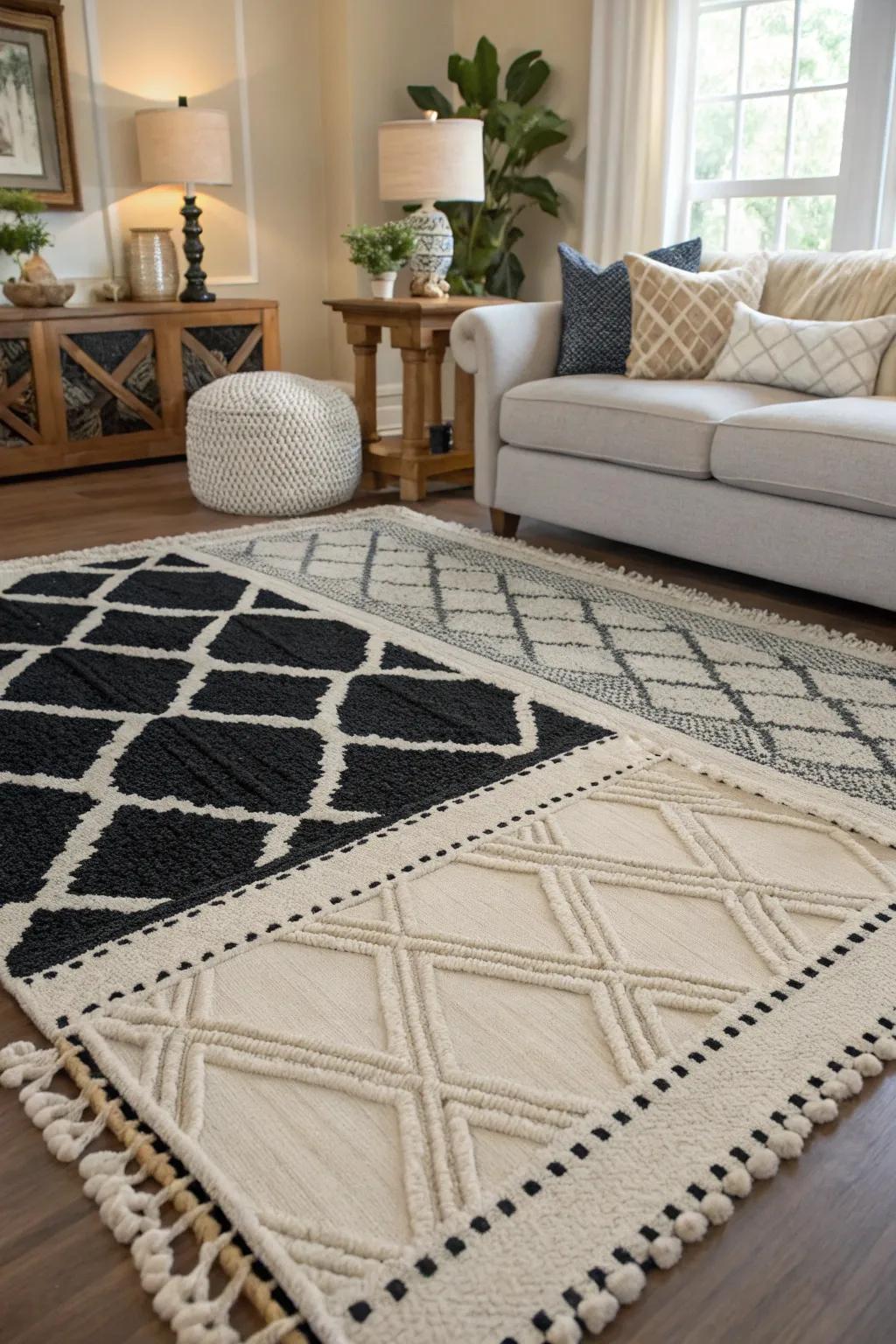 Layered onyx and ivory rugs adding dimension to the living area.