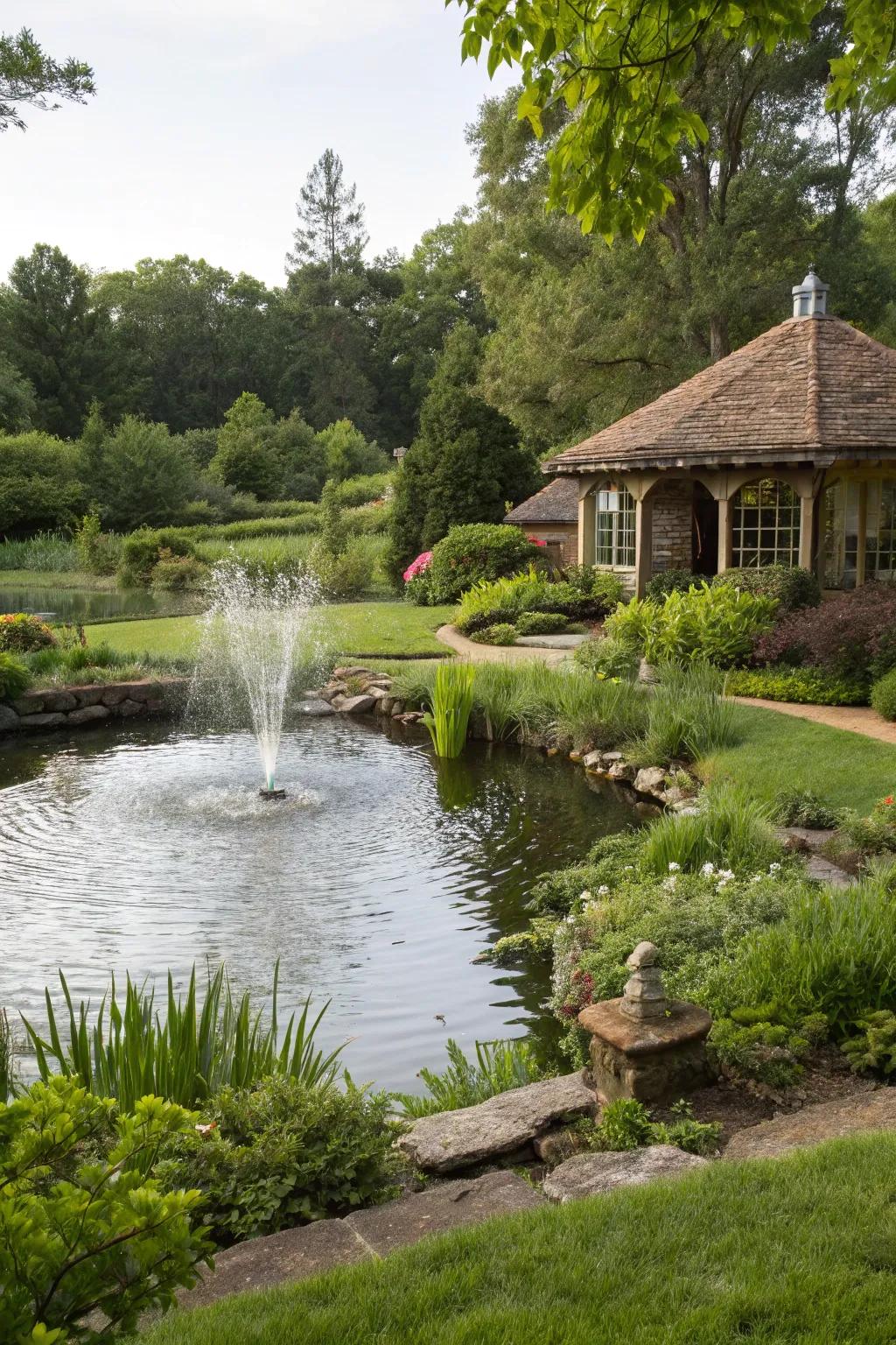 A tranquil water feature enhancing the garden's serenity.