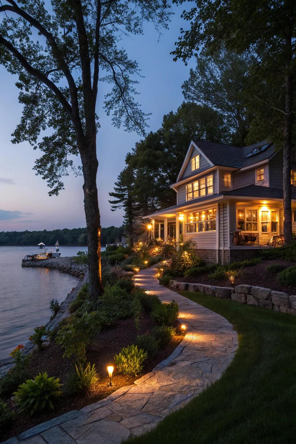 Solar-powered lights creating a magical evening glow.