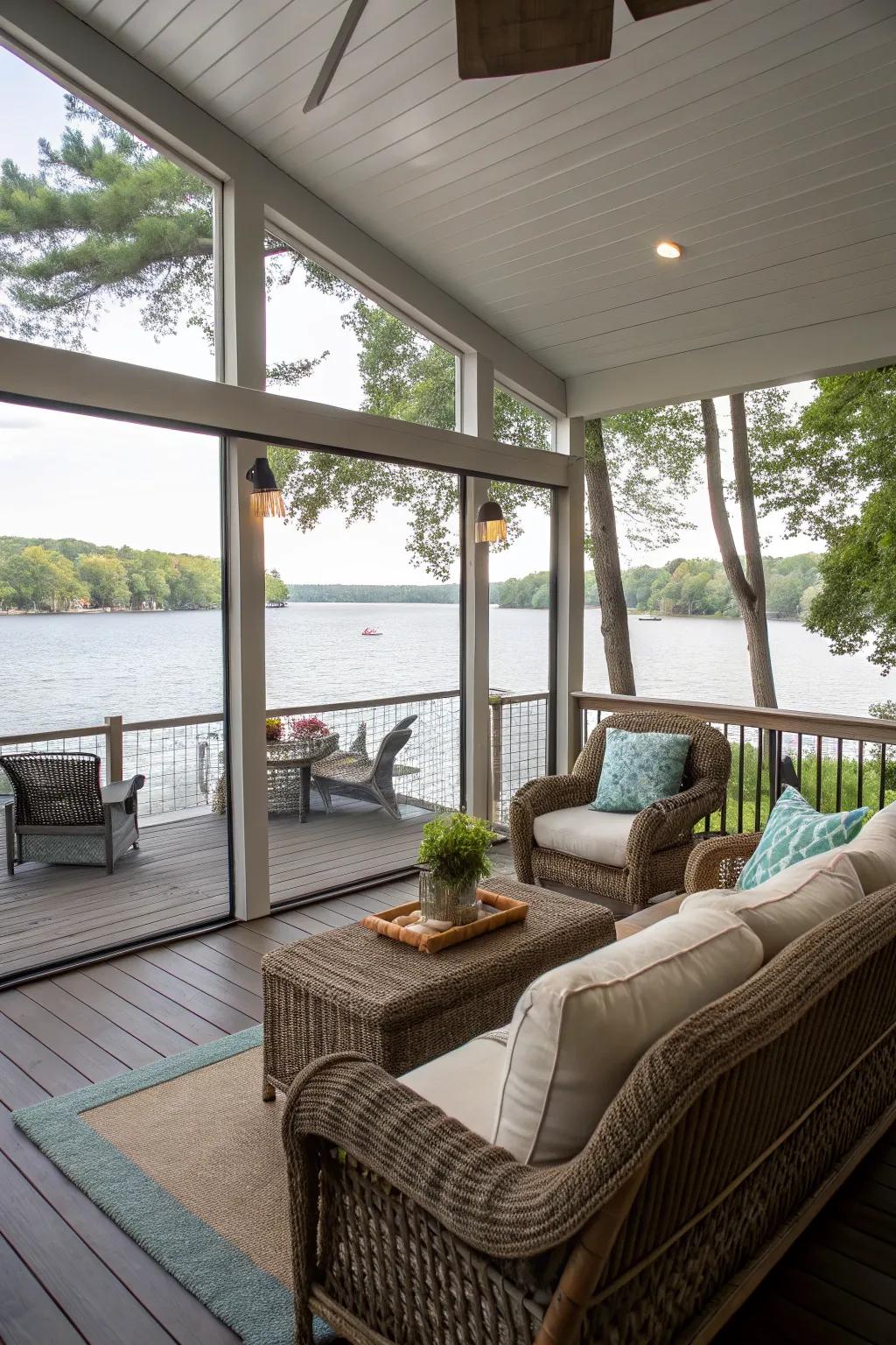 A screened-in veranda offering an insect-free outdoor experience.