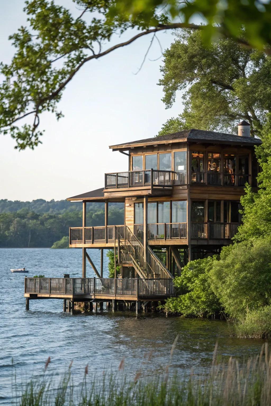 A multi-tiered lake house designed to adapt to the terrain.