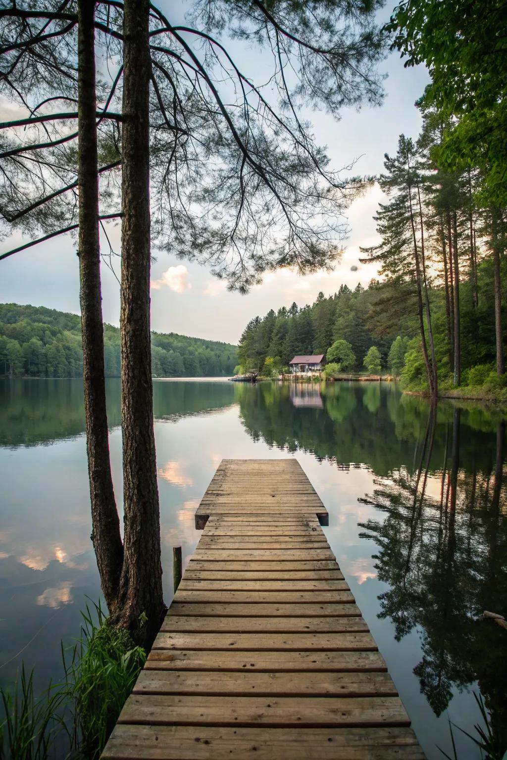 A wooden pier stretching into a peaceful lake, the perfect spot to unwind.