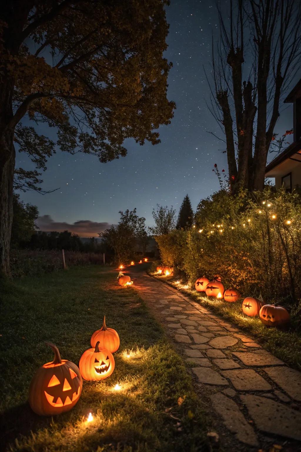 Design a warm and spooky entry with a pumpkin-lit pathway.