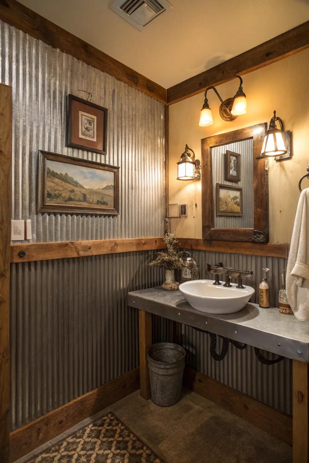 Corrugated metal wall treatment adds barn-like appeal to this bathroom.