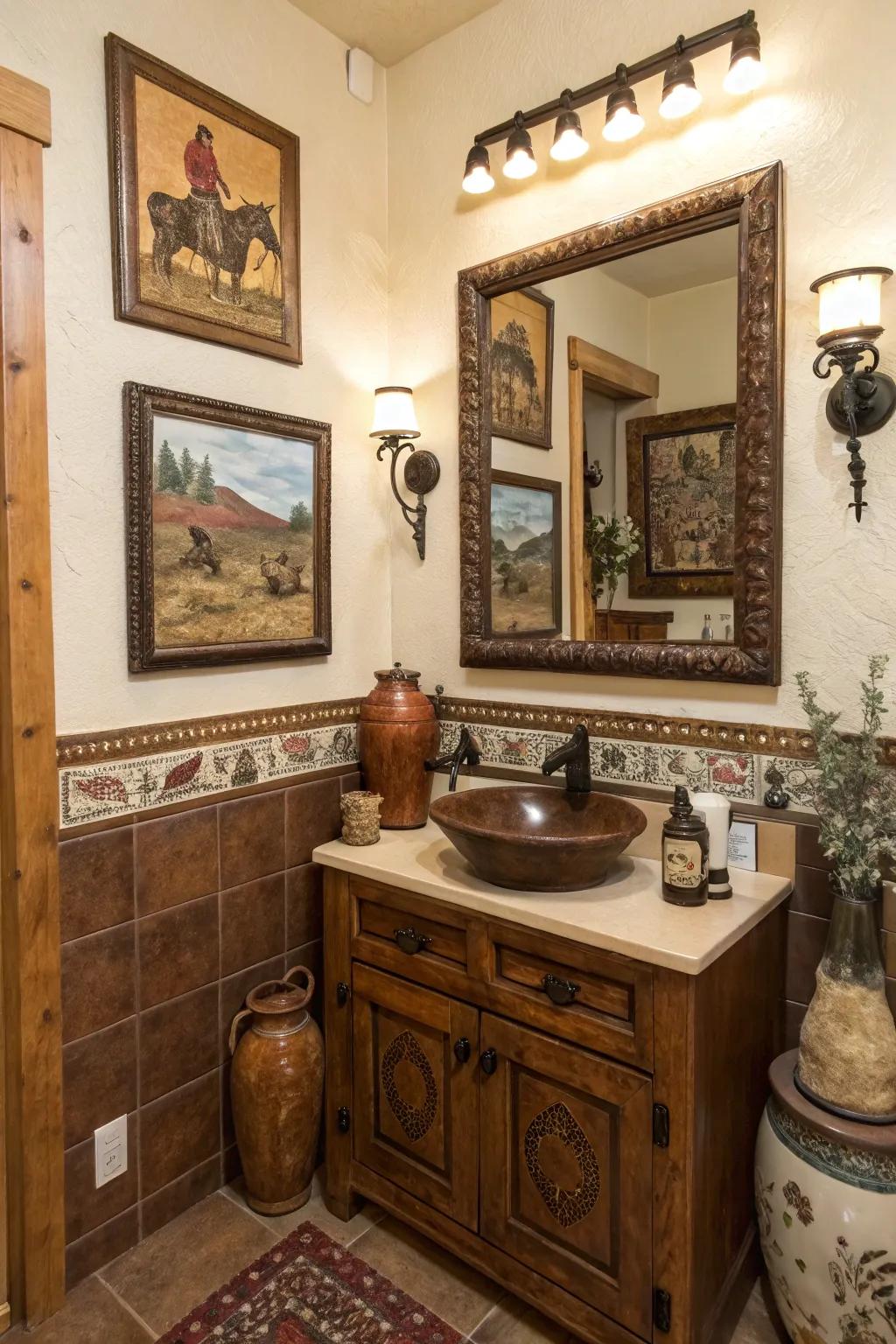 Western-themed artwork introduces personality to this bathroom.