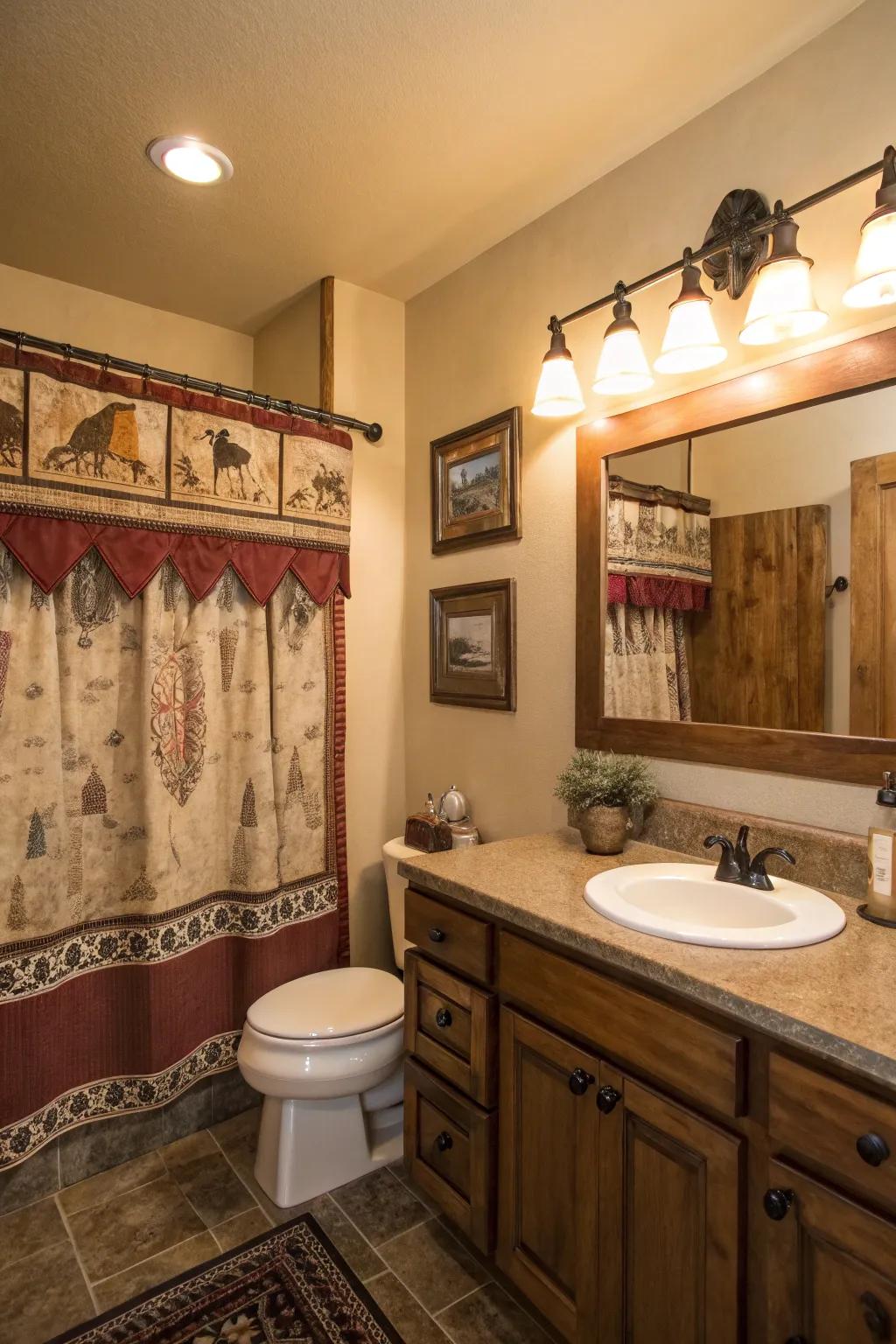 Western print valances add subtle personality to this bathroom.