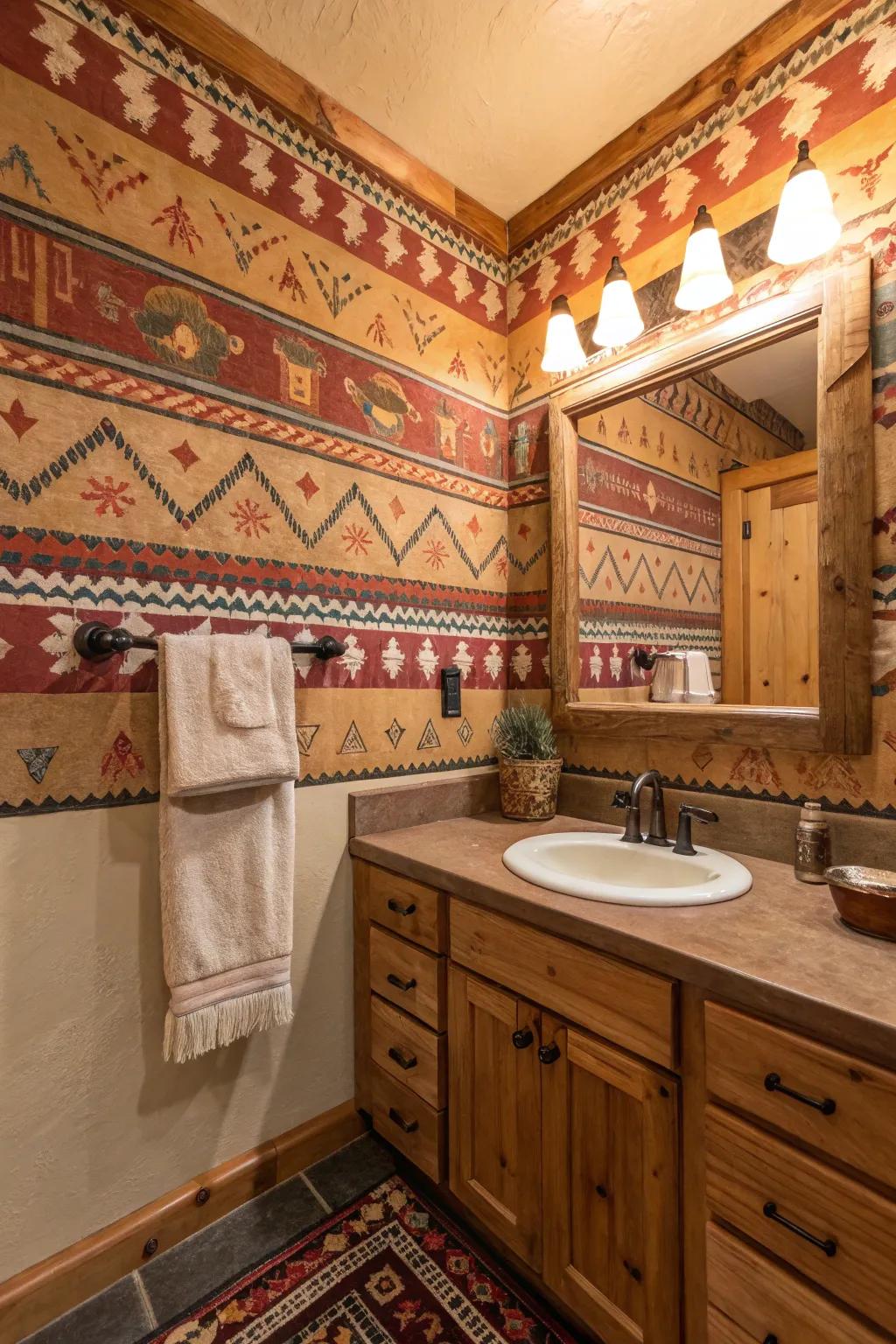 Southwest print wallpaper makes a bold statement in this bathroom.
