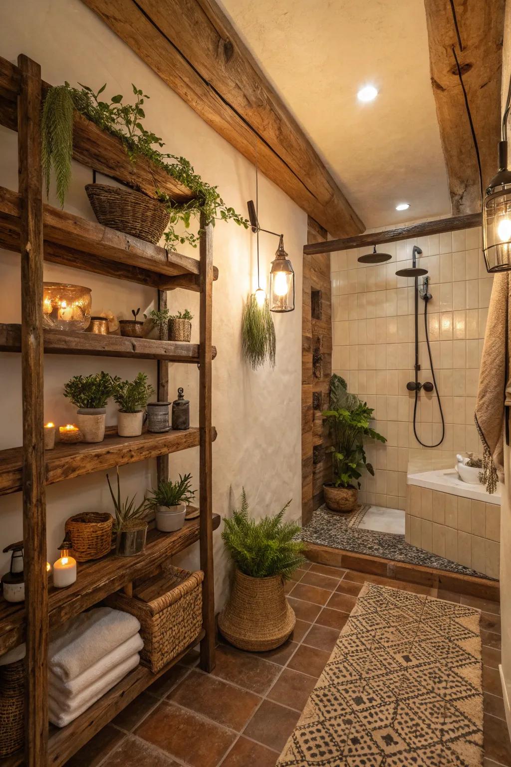 Above shower decor adds a statement to this Western bathroom.