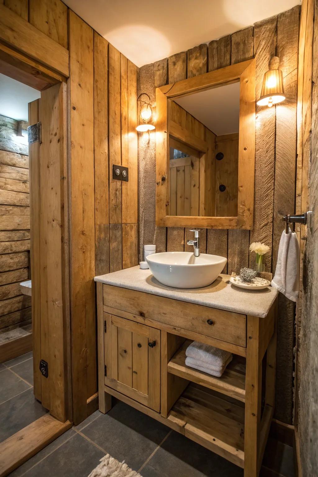 A bathroom featuring a wood vanity and salvaged wood paneling.
