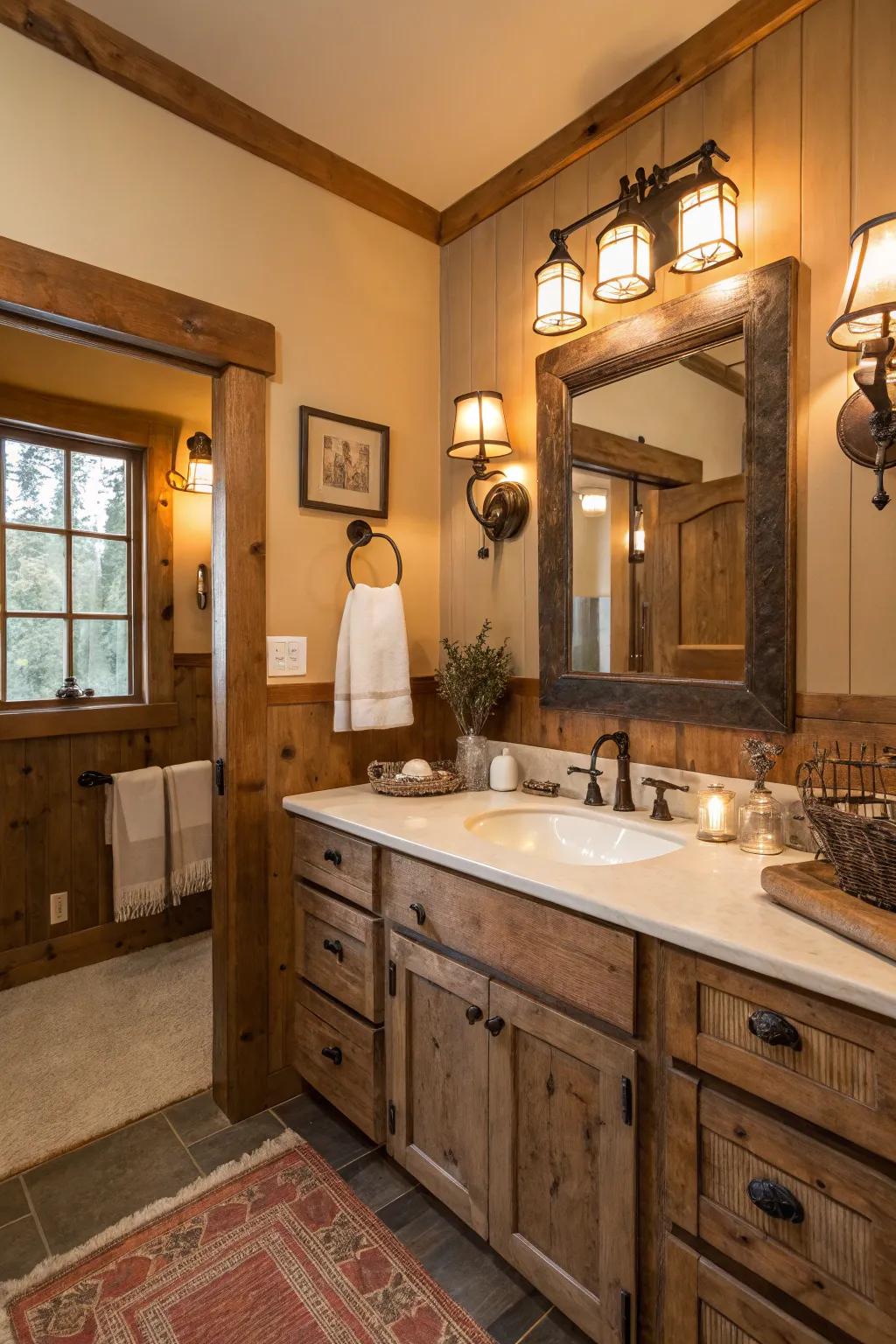 Farmhouse lights add elegance to this Western bathroom.