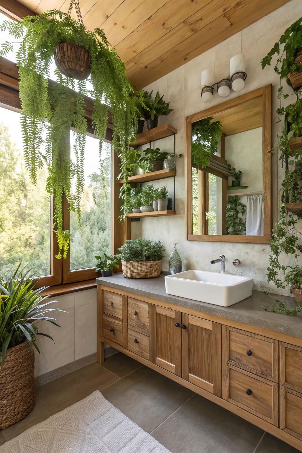 Greenery adds a vibrant touch to this Western-themed bathroom.