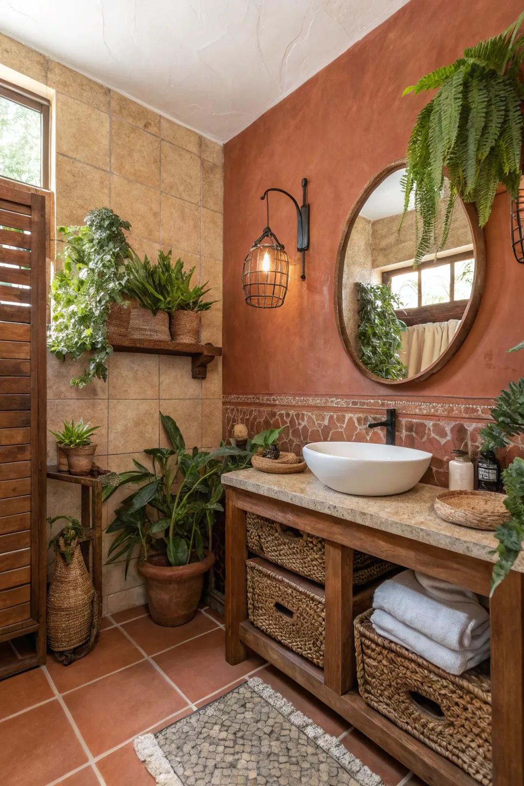 Earth tones foster a calming ambiance in this Western-themed bathroom.
