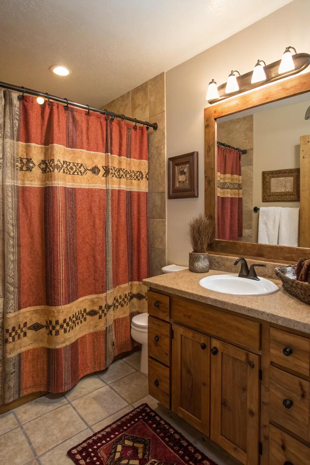 A bold shower drape sets the tone in this Western-themed bathroom.