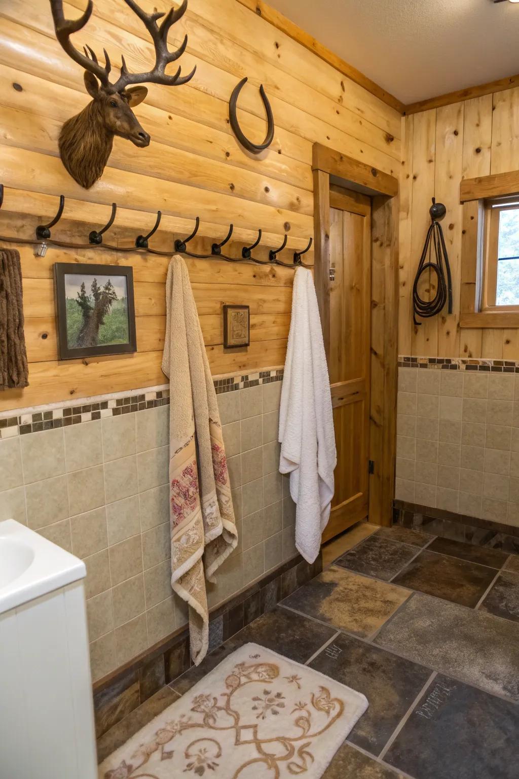 Antler and horseshoe details introduce unique Western flair to this bathroom.