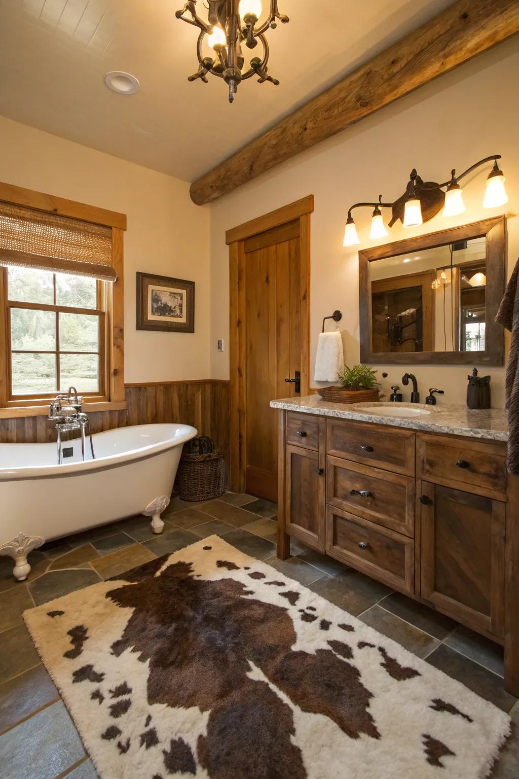 Cowhide accents add a countryside touch to this Western bathroom.