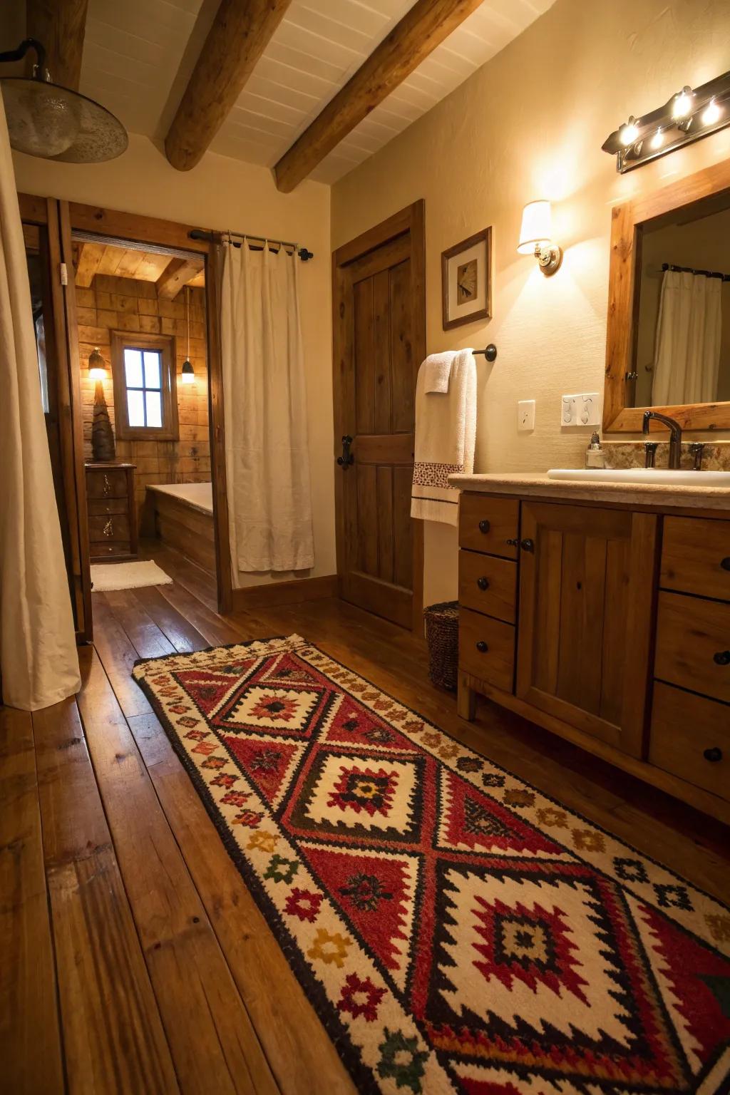 A Southwestern-inspired rug adds cultural flair to this bathroom.