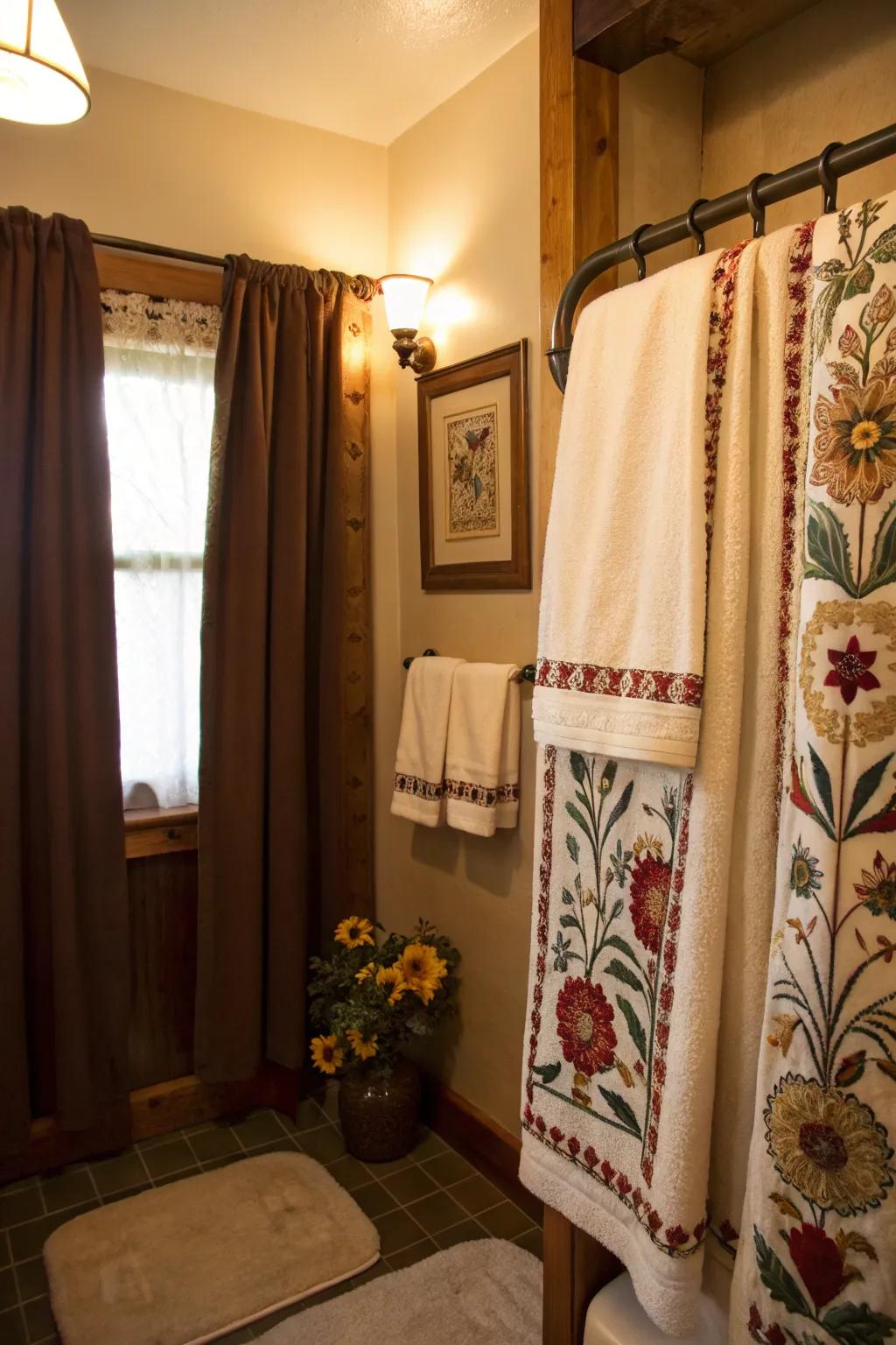 Comfortable textiles bring warmth to this Western bathroom.