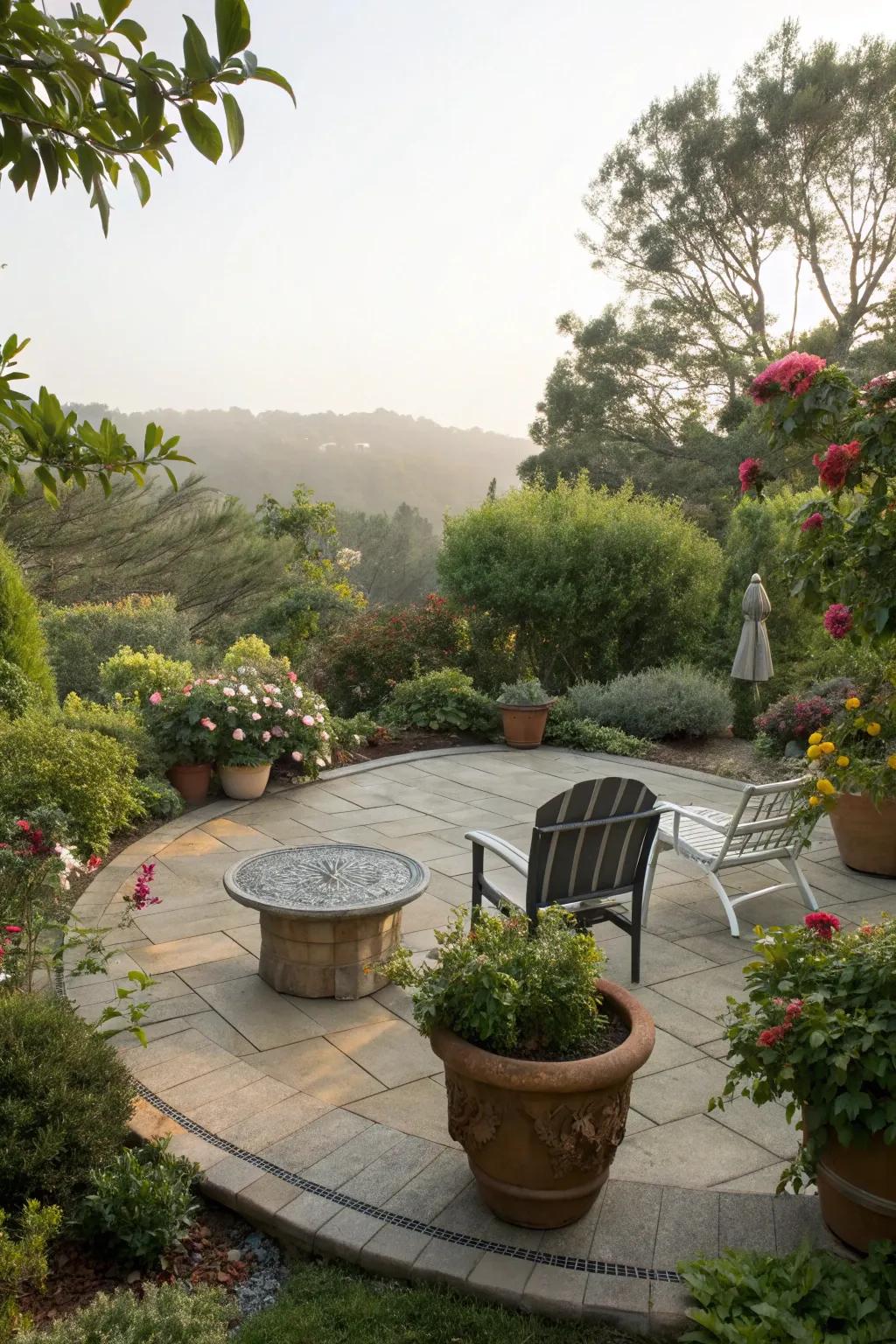 This round patio is cocooned by greenery, yielding a natural sanctuary.