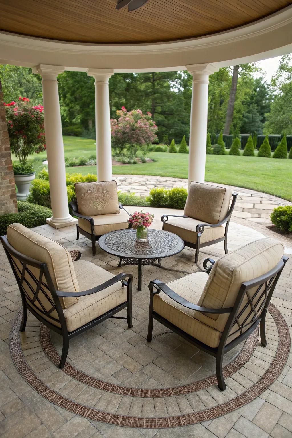 This patio's circular seating improves social interactions.