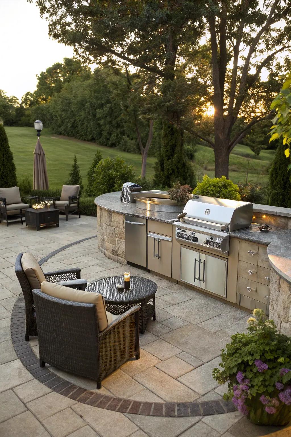 This patio is transformed into an entertainment center through an outdoor kitchen.