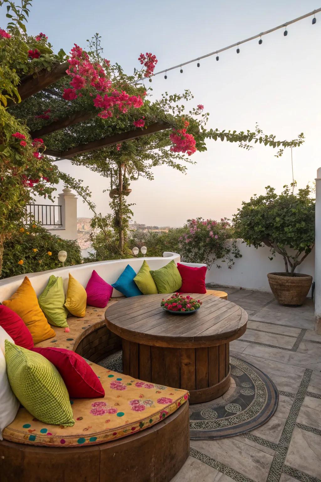 This round patio gains liveliness from contrasting shades.