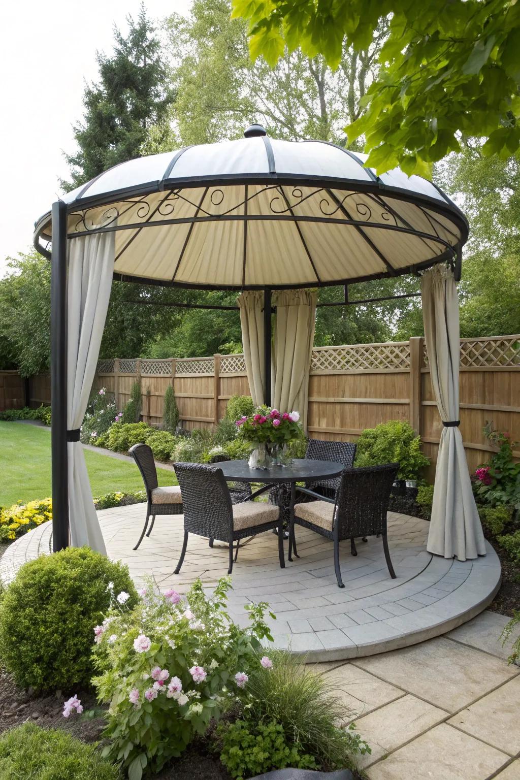 This patio gains shade and design from a canopy.