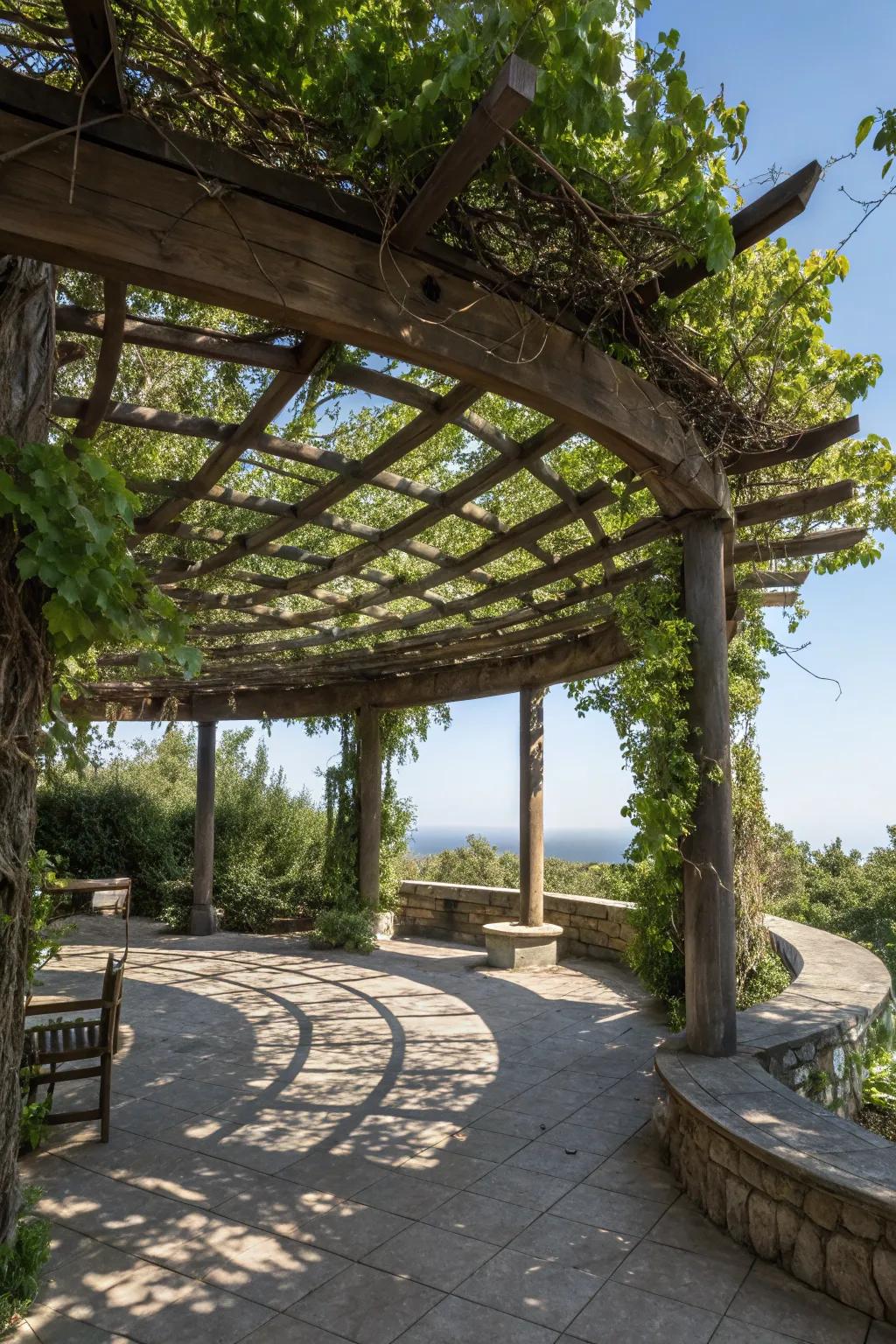 This round patio gains shade and elegance from a pergola.