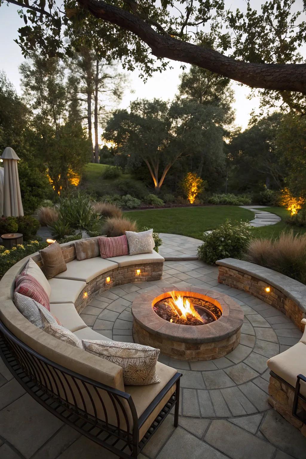 This round patio's heart is a cozy fire pit.