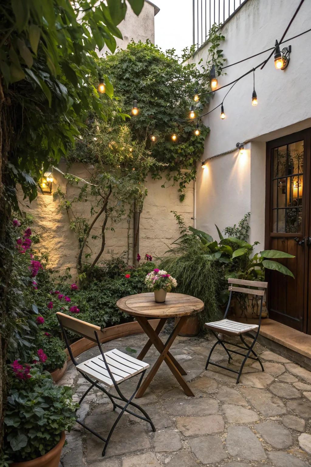This patio exudes an intimate and welcoming atmosphere through its compact design.